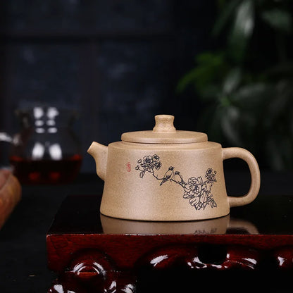 Zisha Teapot Yixing Handmade Pot, Kung-Fu Teaware, Purple Clay Drinkware for Puer Green Black Chinese Tea, Flower Bird Carved