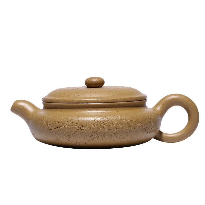 Zisha Teapot Yixing Handmade Pot, Kung-Fu Teaware, Purple Clay Drinkware for Puer Green Black Sesame Mud, Flat Belly Antique Pot