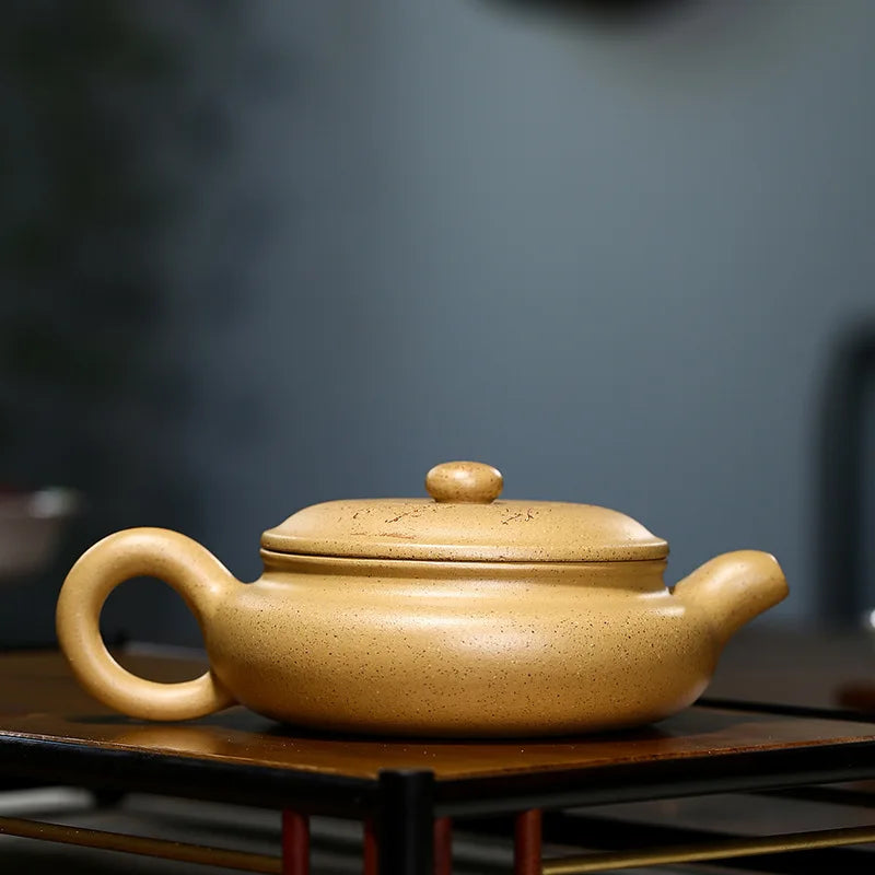 Zisha Teapot Yixing Handmade Pot, Kung-Fu Teaware, Purple Clay Drinkware for Puer Green Black Sesame Mud, Flat Belly Antique Pot