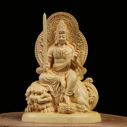 Zodiac Buddha Statue, Wenshu Puxian Bodhisattva Buxus Kuan Yin Wood Carving Buddha Statue, Meditation Buddha Statue