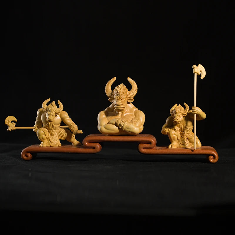 Zodiac Bull Devil Home Decoration Crafts Collection Feng Shui Boxwood Carving Small Ornaments