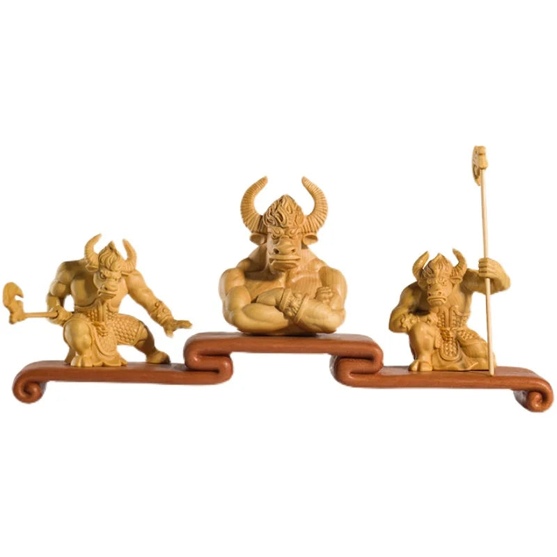 Zodiac Bull Devil Home Decoration Crafts Collection Feng Shui Boxwood Carving Small Ornaments