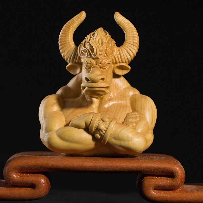 Zodiac Bull Devil Home Decoration Crafts Collection Feng Shui Boxwood Carving Small Ornaments