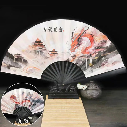 Zodiac Dragon Year  Folding Fan ,Bamboo And Wood Cloth Noodles Durable Hand Fan Outdoor Home Dance Decorative Portable Fan