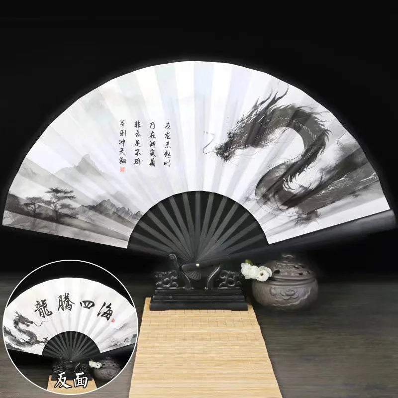 Zodiac Dragon Year  Folding Fan ,Bamboo And Wood Cloth Noodles Durable Hand Fan Outdoor Home Dance Decorative Portable Fan