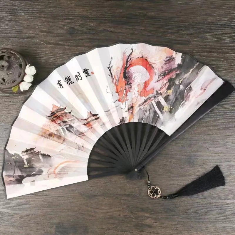 Zodiac Dragon Year  Folding Fan ,Bamboo And Wood Cloth Noodles Durable Hand Fan Outdoor Home Dance Decorative Portable Fan