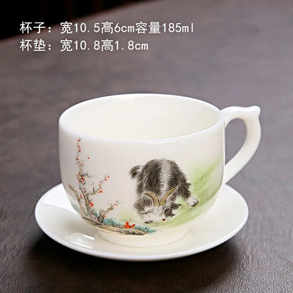 Zodiac Tea Cup Large Ceramic Coffee Cup with Saucer Chinese Tea Cup Master Cup Kung Fu Tea Set White Porcelain Teacup Coffee Mug