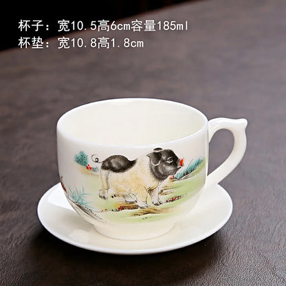 Zodiac Tea Cup Large Ceramic Coffee Cup with Saucer Chinese Tea Cup Master Cup Kung Fu Tea Set White Porcelain Teacup Coffee Mug