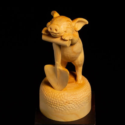 Zodiac pig, hard working pig, lucky pig, boxwood carving, creative solid wood home decoration, ad