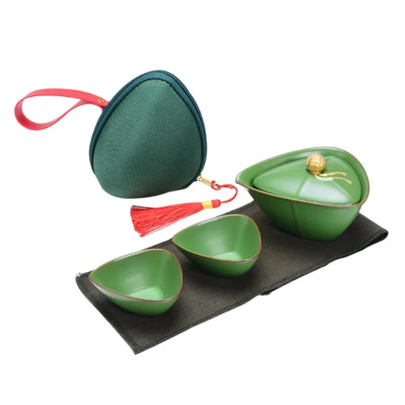 Zongzi Shape Travel Portable Tea Set Triangle Teapot Chinese Green Kungfu Tea Set with 1 Teapot 2 Cups 1 with Carrying Bag