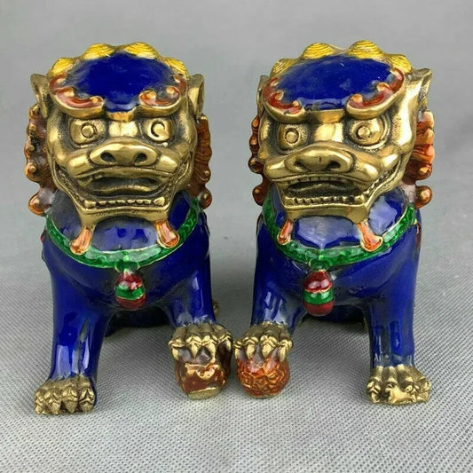 a pair China Fengshui Cloisonne Enamel Bronze Foo Fu Dog Guardion Lion Statue Pair