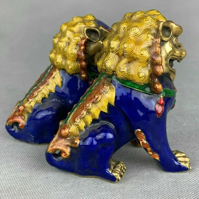 a pair China Fengshui Cloisonne Enamel Bronze Foo Fu Dog Guardion Lion Statue Pair