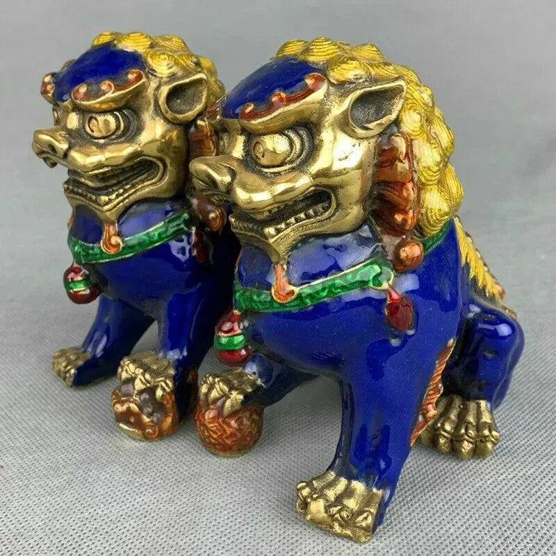 a pair China Fengshui Cloisonne Enamel Bronze Foo Fu Dog Guardion Lion Statue Pair