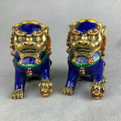 a pair China Fengshui Cloisonne Enamel Bronze Foo Fu Dog Guardion Lion Statue Pair