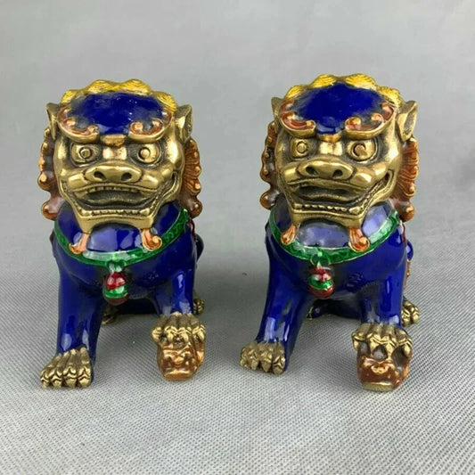 a pair China Fengshui Cloisonne Enamel Bronze Foo Fu Dog Guardion Lion Statue Pair
