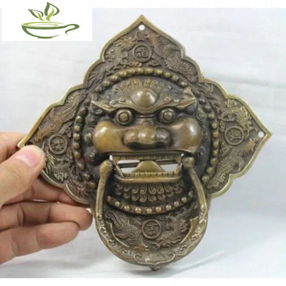 6-Inch Antique Style Folk Family Copper Fu Dog Lion's Head Door Knocker Statue