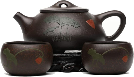 Zisha Tea Pot Set - Lotus Shipiao 7.4 Oz,Chinese Genuine Yixing Clay Handmade Teapot with 2 Cups,Brew Kung Fu Loose Leaf Tea