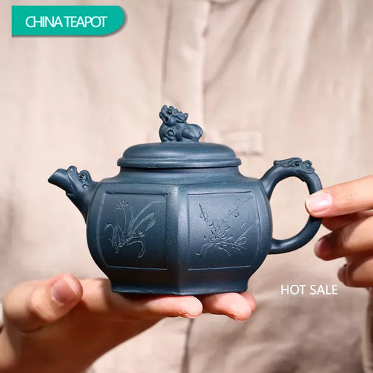 250ml Chinese Yixing Purple Clay Teapots Raw Ore Azure Mud Handmade Hexagonal Shape Tea Pot Kettle Zisha Tea Set Teaware