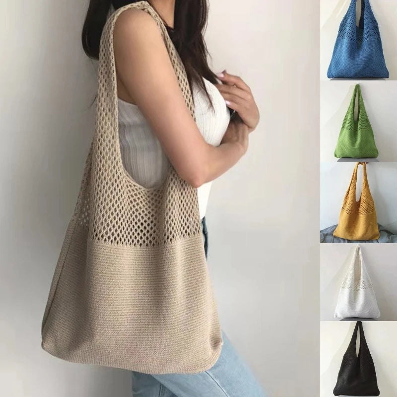 and Trendy Knitted Tote Bag for Casual Outfits Hollow Shoulder Bags
