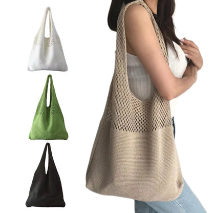 and Trendy Knitted Tote Bag for Casual Outfits Hollow Shoulder Bags
