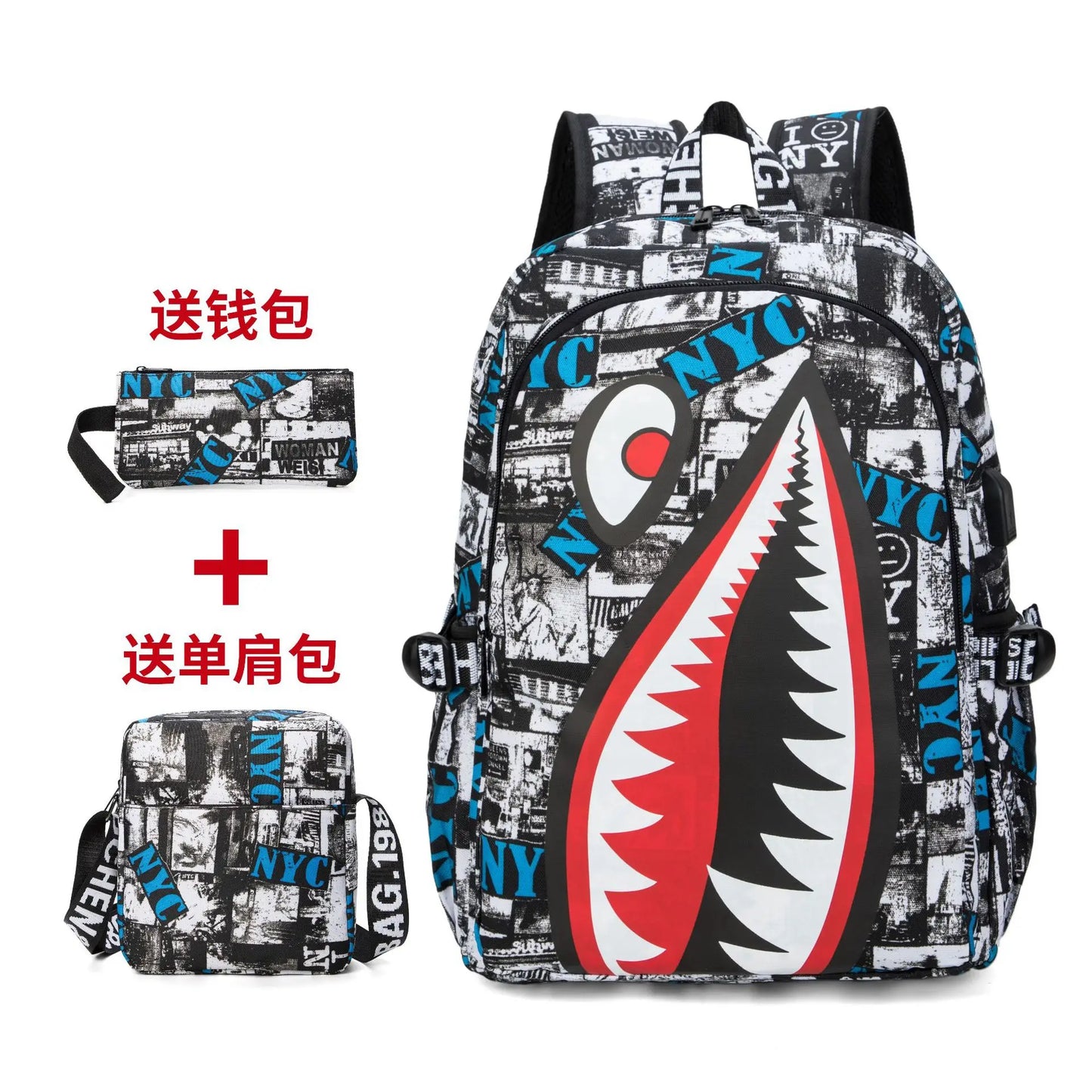 anime backpack Elementary Bookbag Travel Rucksack Cartoon Shark Print Primary School Student Satchel Backpack Mochila Infantil