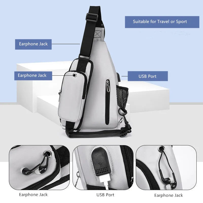 anti-theft chest bag usb port crossbody bag with earphone jack small travel bag mobile phone bag shoulder bag outdoor sports bag