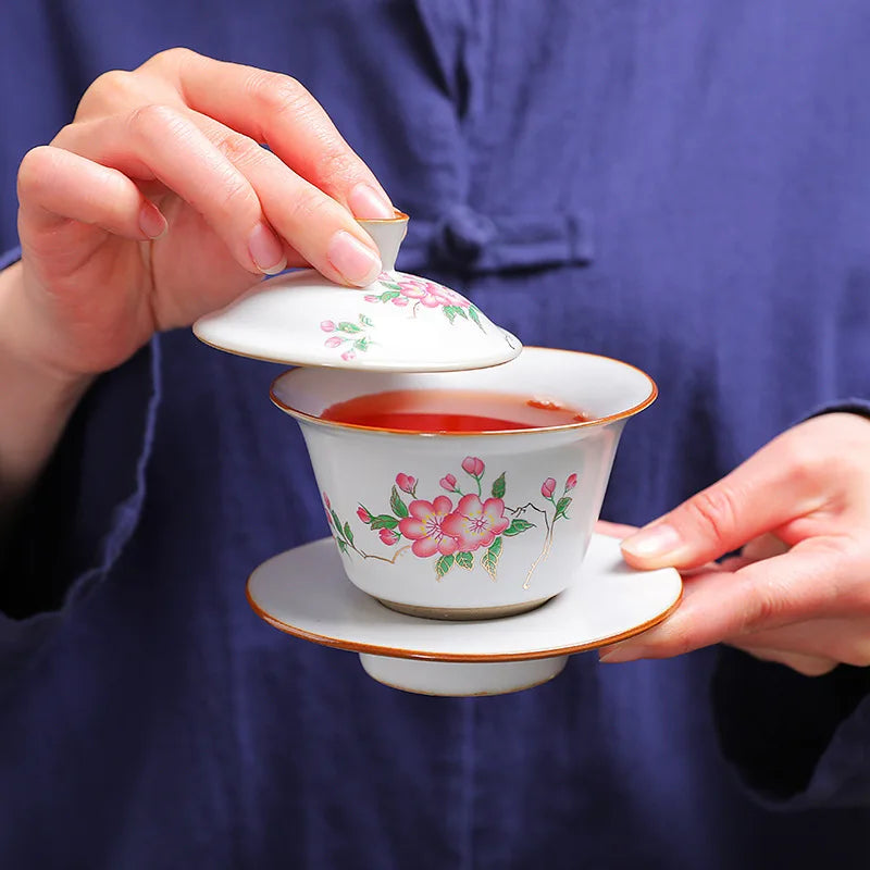antique style ruyao Sancai gaiwan crackle glaze visual effect handpainted under glaze tureen porcelain cup bowl with cover lid