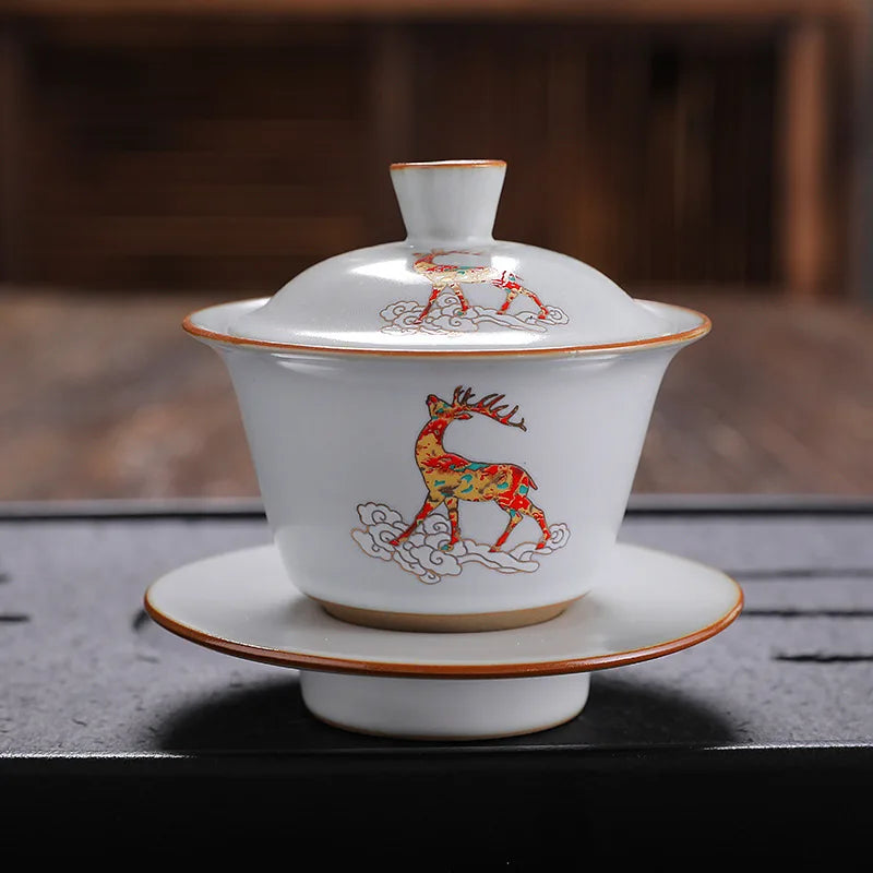 antique style ruyao Sancai gaiwan crackle glaze visual effect handpainted under glaze tureen porcelain cup bowl with cover lid
