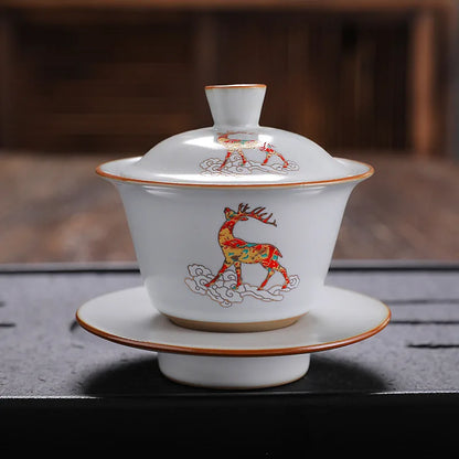 antique style ruyao Sancai gaiwan crackle glaze visual effect handpainted under glaze tureen porcelain cup bowl with cover lid