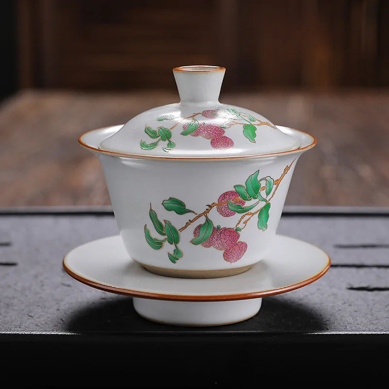 antique style ruyao Sancai gaiwan crackle glaze visual effect handpainted under glaze tureen porcelain cup bowl with cover lid