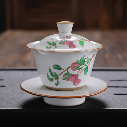 antique style ruyao Sancai gaiwan crackle glaze visual effect handpainted under glaze tureen porcelain cup bowl with cover lid