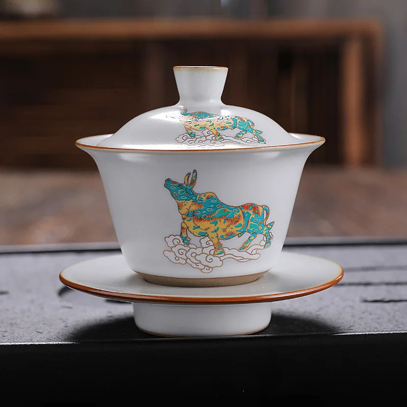 antique style ruyao Sancai gaiwan crackle glaze visual effect handpainted under glaze tureen porcelain cup bowl with cover lid