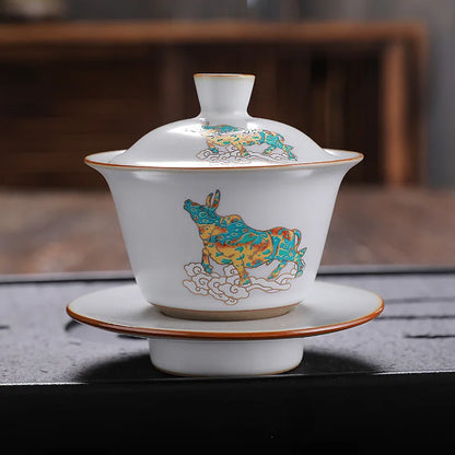 antique style ruyao Sancai gaiwan crackle glaze visual effect handpainted under glaze tureen porcelain cup bowl with cover lid