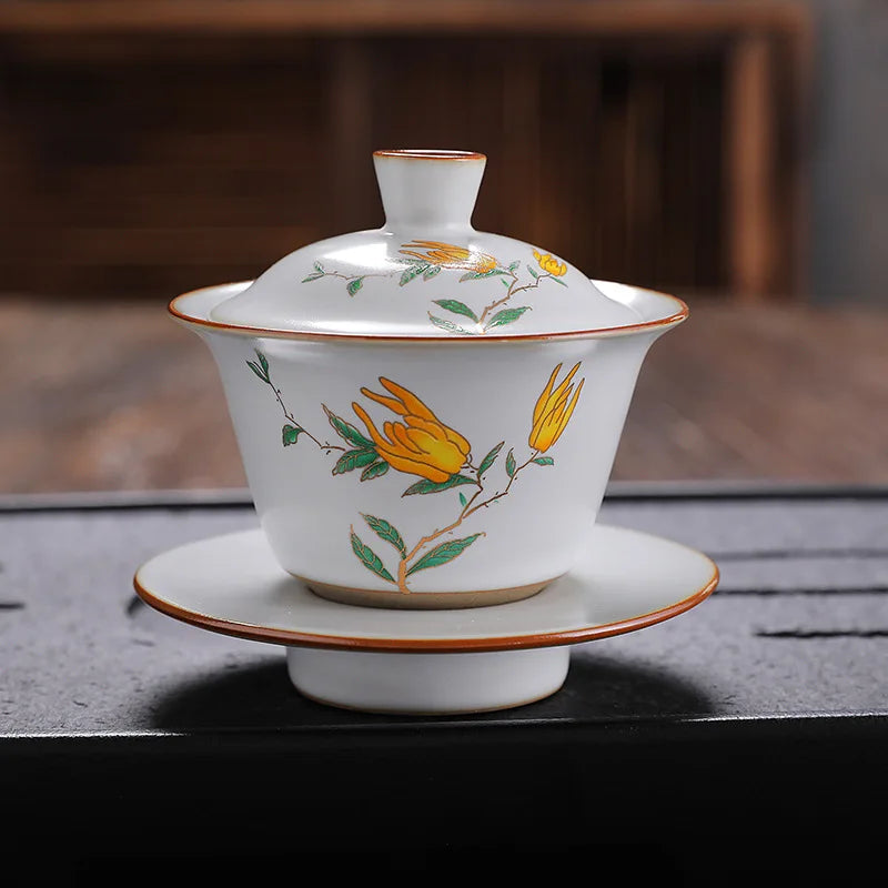 antique style ruyao Sancai gaiwan crackle glaze visual effect handpainted under glaze tureen porcelain cup bowl with cover lid