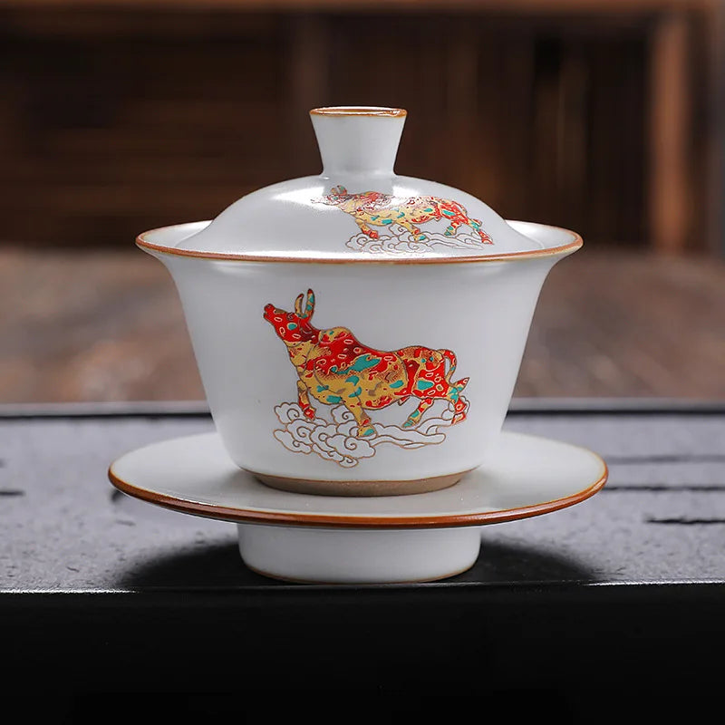 antique style ruyao Sancai gaiwan crackle glaze visual effect handpainted under glaze tureen porcelain cup bowl with cover lid