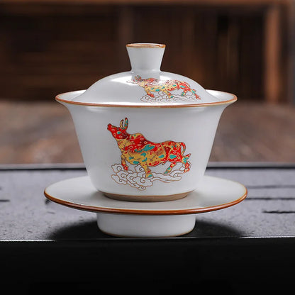 antique style ruyao Sancai gaiwan crackle glaze visual effect handpainted under glaze tureen porcelain cup bowl with cover lid