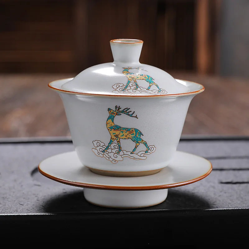 antique style ruyao Sancai gaiwan crackle glaze visual effect handpainted under glaze tureen porcelain cup bowl with cover lid