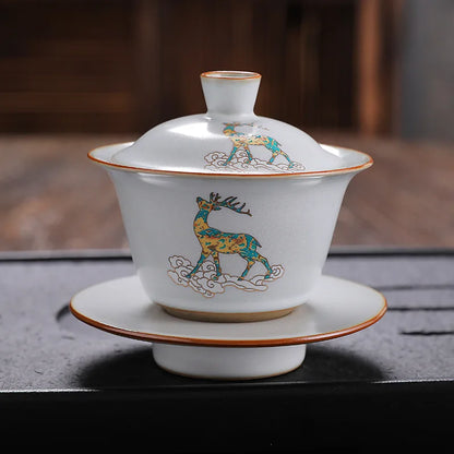antique style ruyao Sancai gaiwan crackle glaze visual effect handpainted under glaze tureen porcelain cup bowl with cover lid