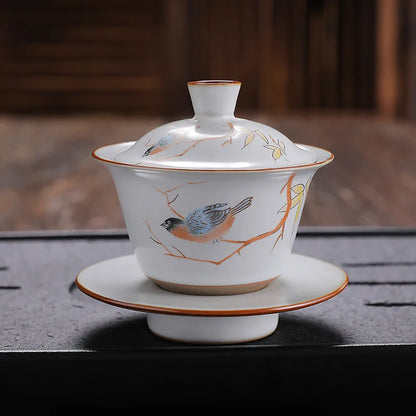 antique style ruyao Sancai gaiwan crackle glaze visual effect handpainted under glaze tureen porcelain cup bowl with cover lid