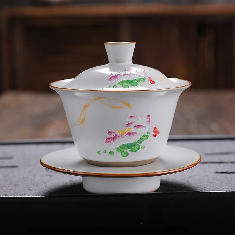 antique style ruyao Sancai gaiwan crackle glaze visual effect handpainted under glaze tureen porcelain cup bowl with cover lid