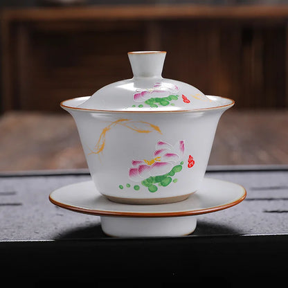 antique style ruyao Sancai gaiwan crackle glaze visual effect handpainted under glaze tureen porcelain cup bowl with cover lid