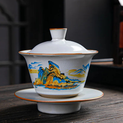antique style ruyao Sancai gaiwan crackle glaze visual effect handpainted under glaze tureen porcelain cup bowl with cover lid