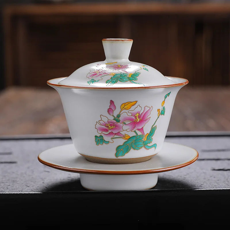 antique style ruyao Sancai gaiwan crackle glaze visual effect handpainted under glaze tureen porcelain cup bowl with cover lid