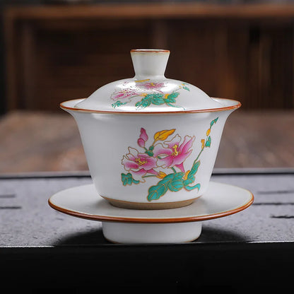 antique style ruyao Sancai gaiwan crackle glaze visual effect handpainted under glaze tureen porcelain cup bowl with cover lid