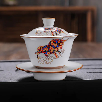 antique style ruyao Sancai gaiwan crackle glaze visual effect handpainted under glaze tureen porcelain cup bowl with cover lid