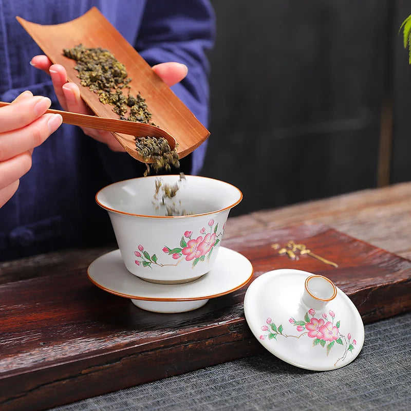 antique style ruyao Sancai gaiwan crackle glaze visual effect handpainted under glaze tureen porcelain cup bowl with cover lid