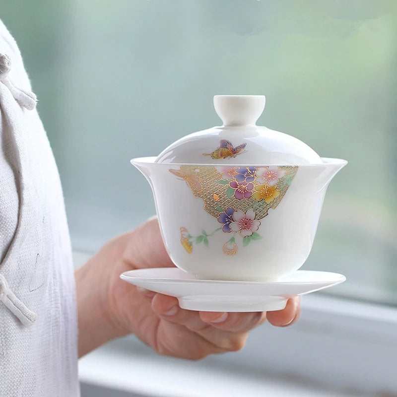 art nouveau porcelain gaiwan flower butterfly relief ceramic tureen China bowl set with lid cup saucer 150ml high quality new