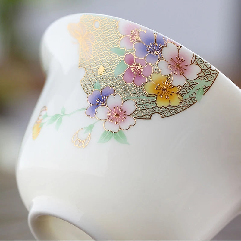 art nouveau porcelain gaiwan flower butterfly relief ceramic tureen China bowl set with lid cup saucer 150ml high quality new