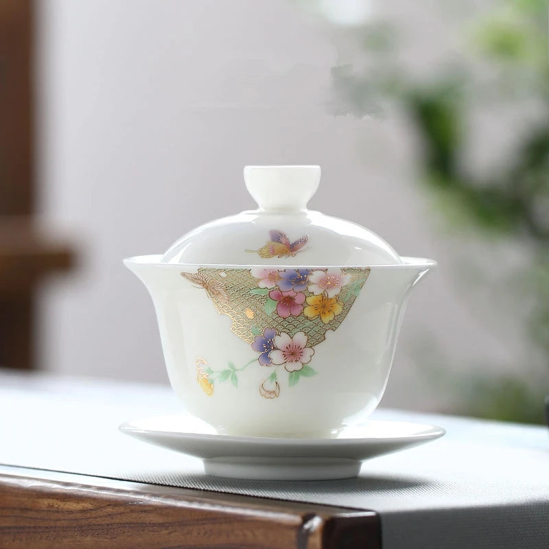 art nouveau porcelain gaiwan flower butterfly relief ceramic tureen China bowl set with lid cup saucer 150ml high quality new