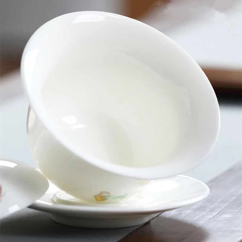 art nouveau porcelain gaiwan flower butterfly relief ceramic tureen China bowl set with lid cup saucer 150ml high quality new